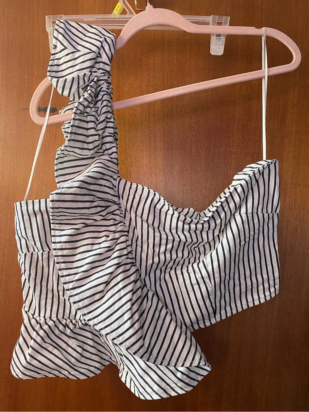 “Future Collective” Striped One-Shoulder Ruffle Crop Top - Black & White NWT